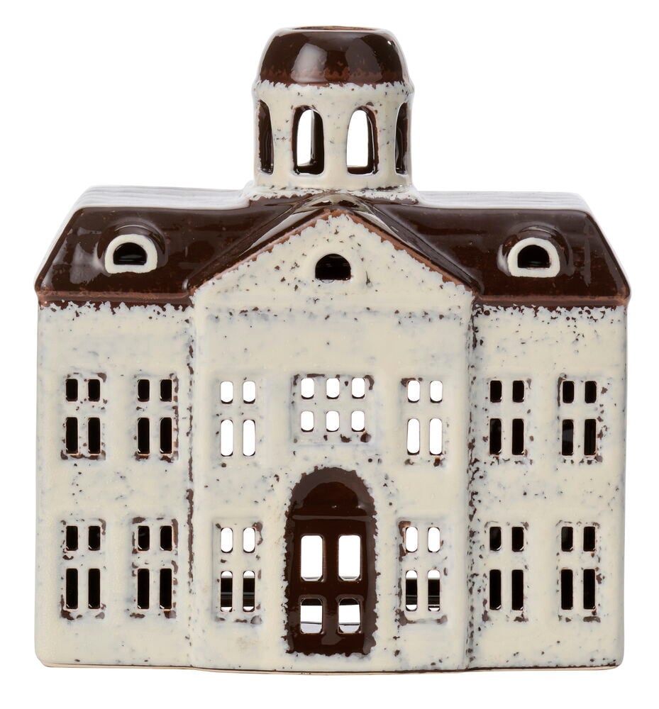 Weiß-braune Keramiklaterne Laterne City Hall mit ausgeschnittenen Fenstern und einer Kuppel.