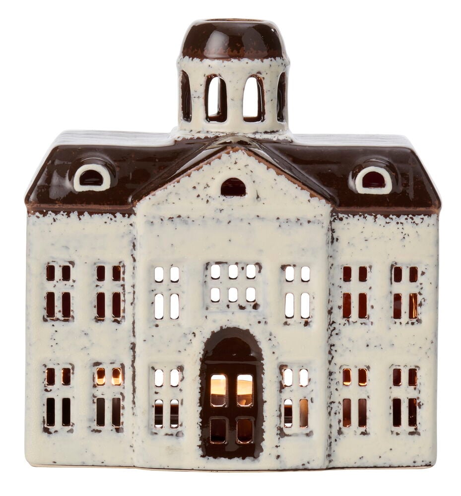Laterne City Hall: Eine keramische cremeweiße und braune hausförmige Laterne mit Bogentür und Kuppeldach.