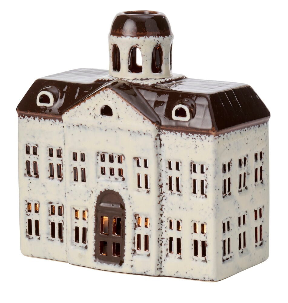 Weiße und braune Keramiklaterne Laterne City Hall mit Kuppel und ausgeschnittenen Fenstern, von innen beleuchtet.