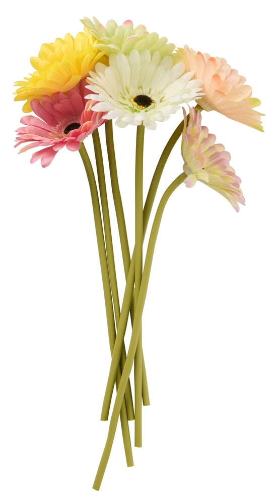 En bukett Gerbera 34 cm Blandade färger med vita, gula, rosa, gröna och persikofärgade konstgjorda blommor.
