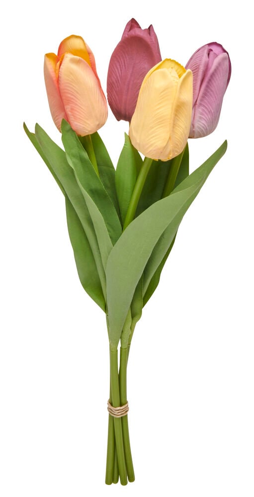 Tekokukkien tulppaanikimppu eri väreissä.