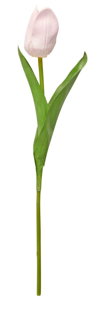 Vaaleanpunainen tekotulppaani vihreillä lehdillä ja pitkällä varrella.
