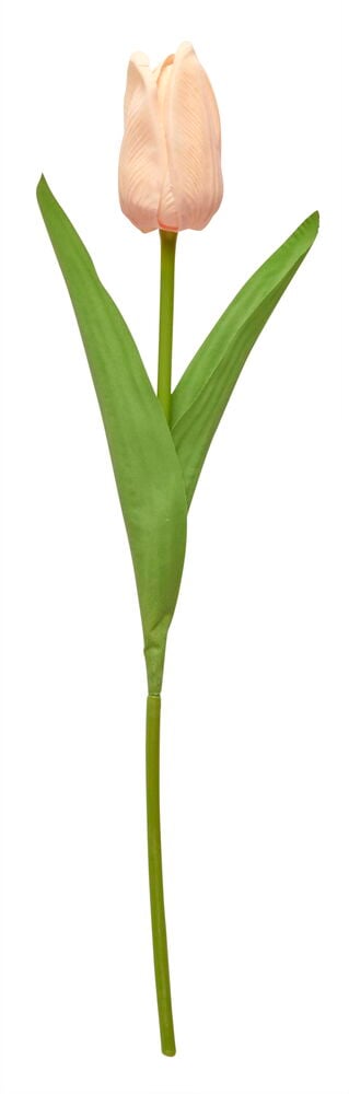 Vaaleanpunainen tekotulppaani vihreillä lehdillä ja pitkällä varrella.