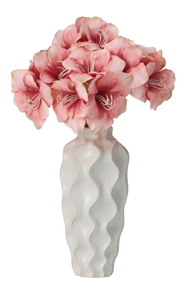 Rosa Amaryllis 65 cm blomster i en teksturert hvit bølget vase.