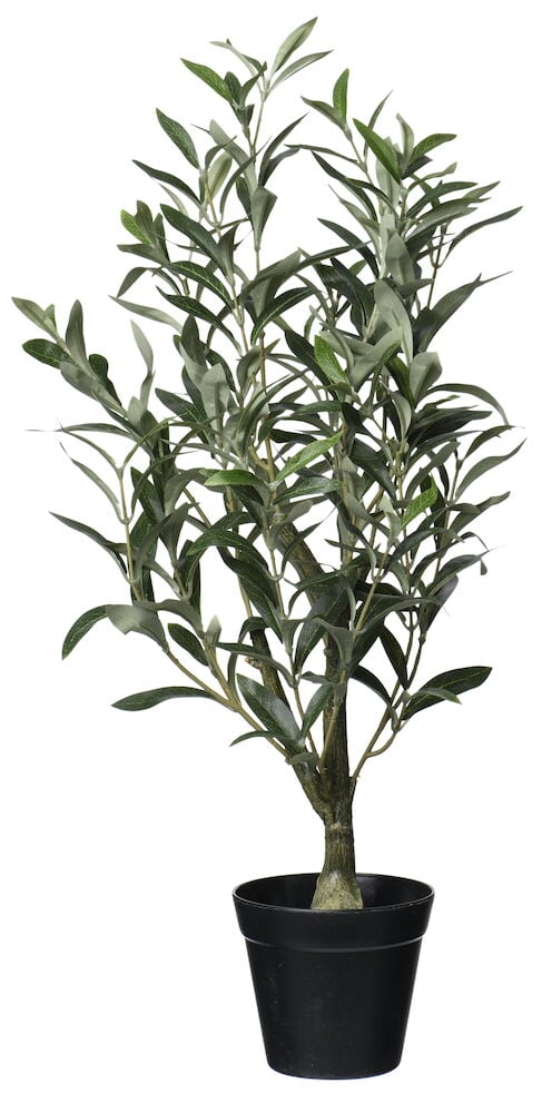Konstgjort olivträd i svart kruka med gröna blad.
