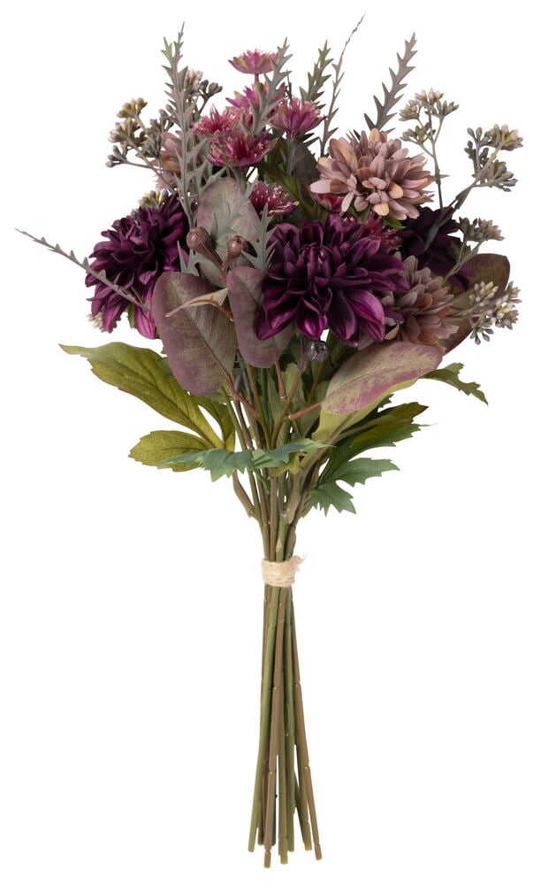 Ein Blumenstrauß mit lila und rosa Kunstblumen und grünem Laub, mit Schnur gebunden.