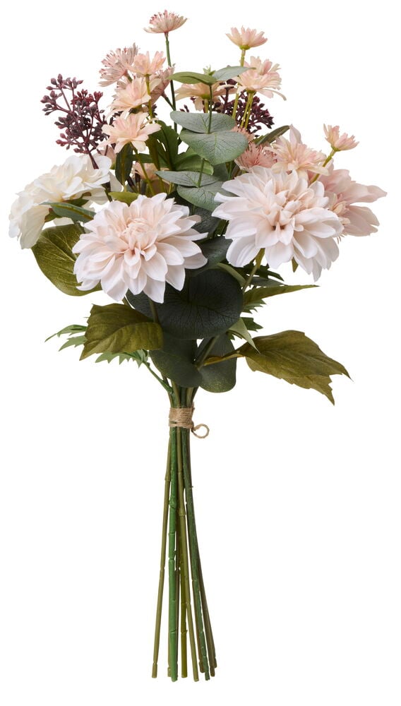 Ein Blumenstrauß Dahlie 45 cm Ivory Blush mit hellrosa und elfenbeinfarbenen Dahlien, kleineren rosa Blüten und grünem Laub, mit Schnur gebunden.