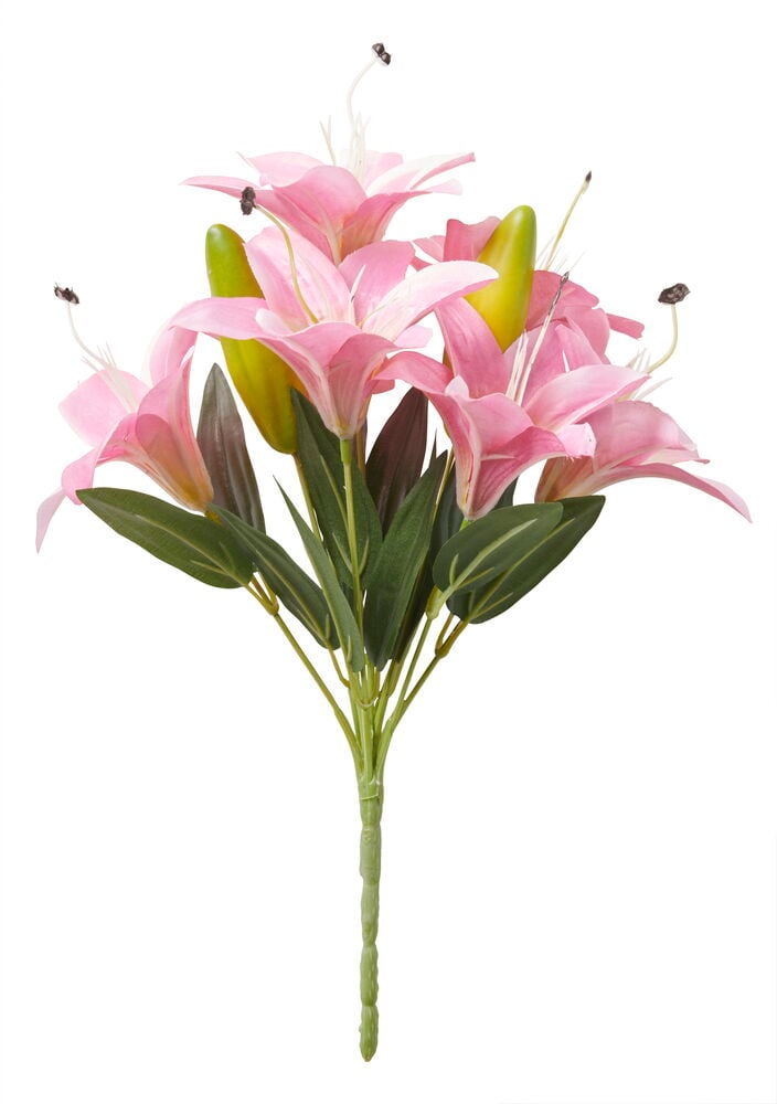 Pieni keinotekoinen kimppu vaaleanpunaisilla liljoilla.