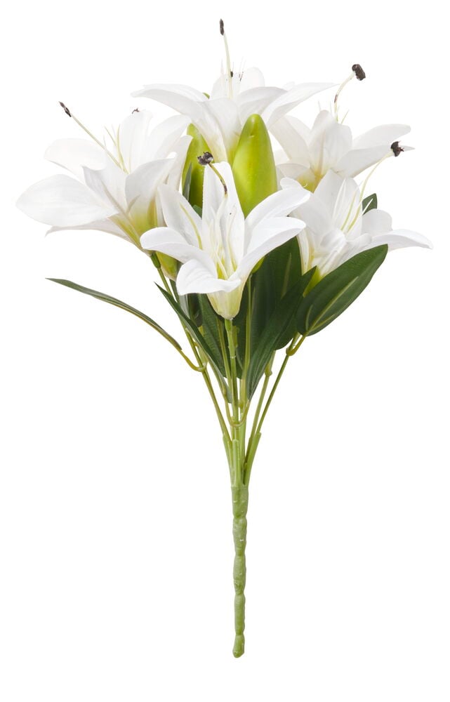 Pieni kimppu valkoisia liljoja tekokuidusta.
