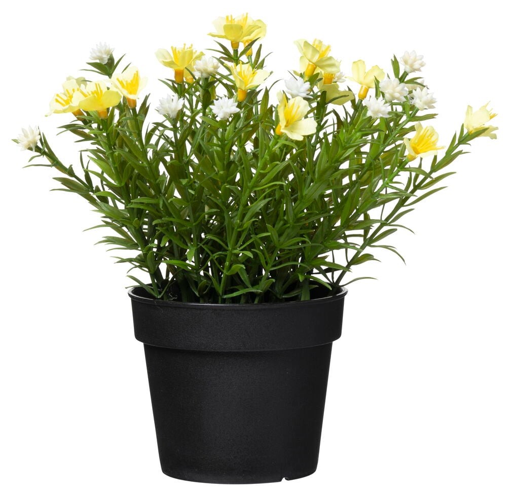 Krukväxt med blandade konstgjorda blommor i svart kruka.