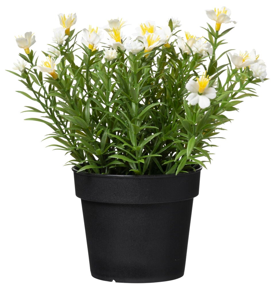 Konstgjord blomma i svart kruka med vita blommor.