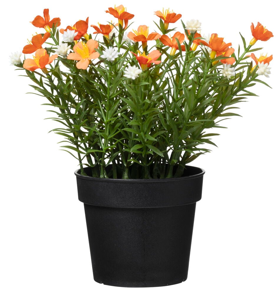 Krukväxt med konstgjorda färgglada blommor i svart kruka.