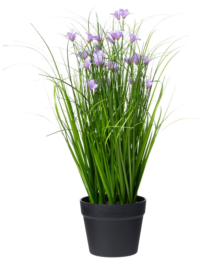Lila konstväxt med gräs och blåklockor i kruka.