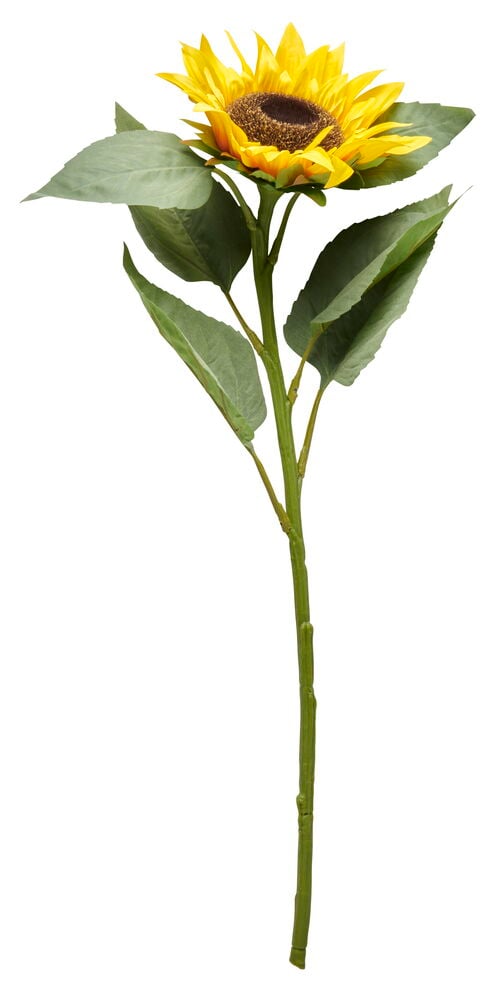 En konstgjord solros med gröna blad och lång stjälk.