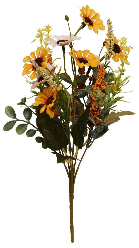 Kleiner Strauß künstlicher gelber Chrysanthemen und weißer margeritenähnlicher Blumen mit grünen Blättern und orange Heidekraut.