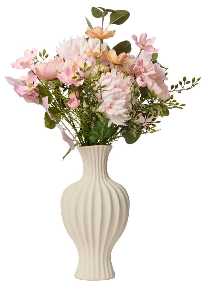 Weiße Vase mit rosa und grünen Blumen.