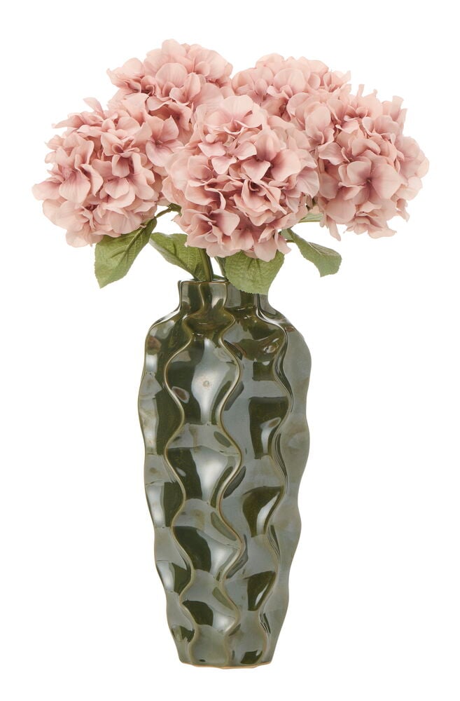 Ljusrosa Hortensia 59 cm blommor i en hög, mörkgrön, vågformad keramikvas.