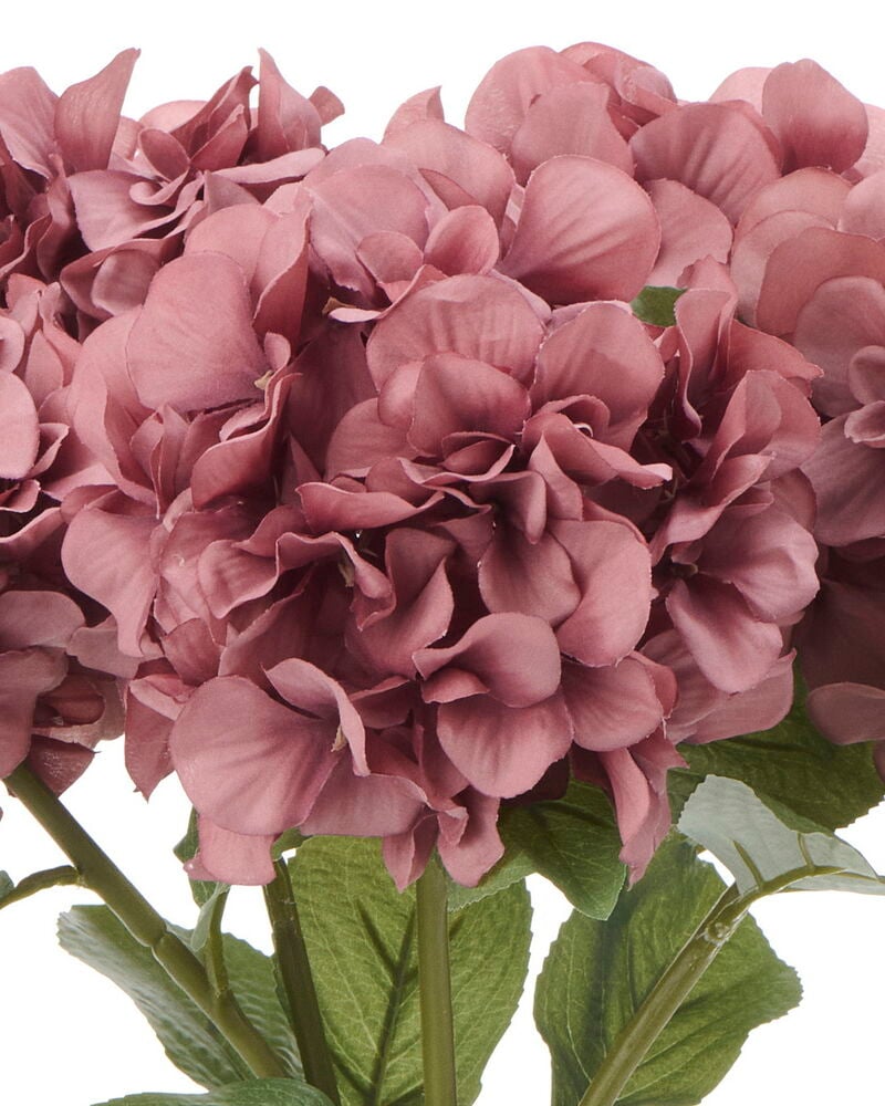 Dunkelrosa Hortensie 59 cm Kunstblume mit mehreren Blütenblättern, grünen Stielen und Blättern.