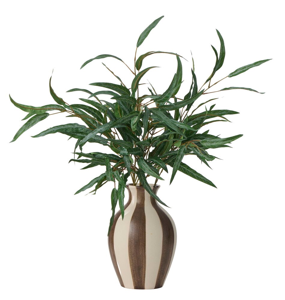 Eukalyptuksen lehti 77 cm raidallisessa ruskea- ja kermanvärisessä maljakossa.