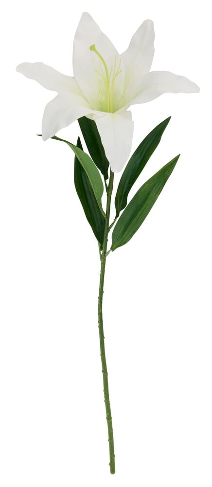 En 76 cm hög vit lilja konstgjord blomma med grön stjälk och blad, centrerad på vit bakgrund.