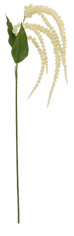 Vit Amarant 73 cm dekorativ spray med långa hängande blomkluster och gröna blad på en tunn grön stjälk.