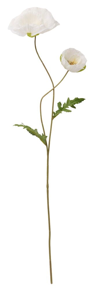 Vallmo 66 cm Vit, en konstgjord stjälk med två vita blommor, gröna blad och en lång brun stjälk.
