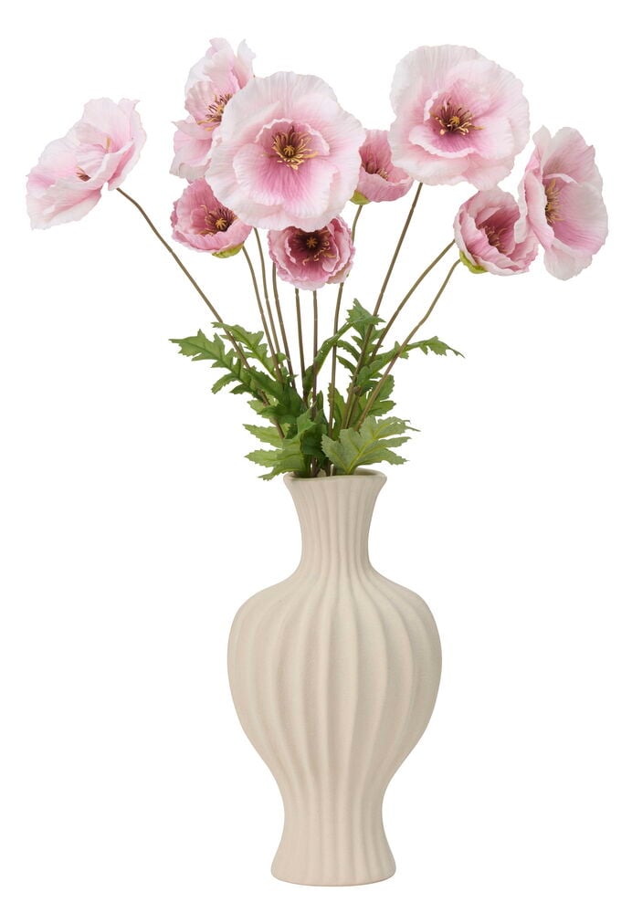 Vallmo 66 cm Rosa blommor med gröna blad i en räfflad ljusbeige vas.