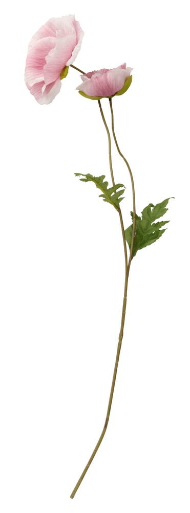 Rosa vallmo konstgjord blomma, 66 cm, med två öppna blommor och gröna blad på en tunn stjälk, framifrån.