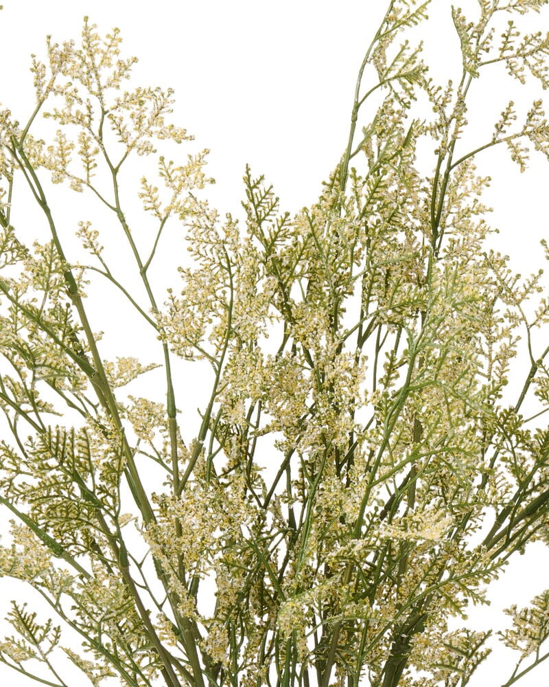 Närbild på en Risp 75 cm Vit konstgjord blomsterbukett med gröna stjälkar och små glittrande vita blommor.