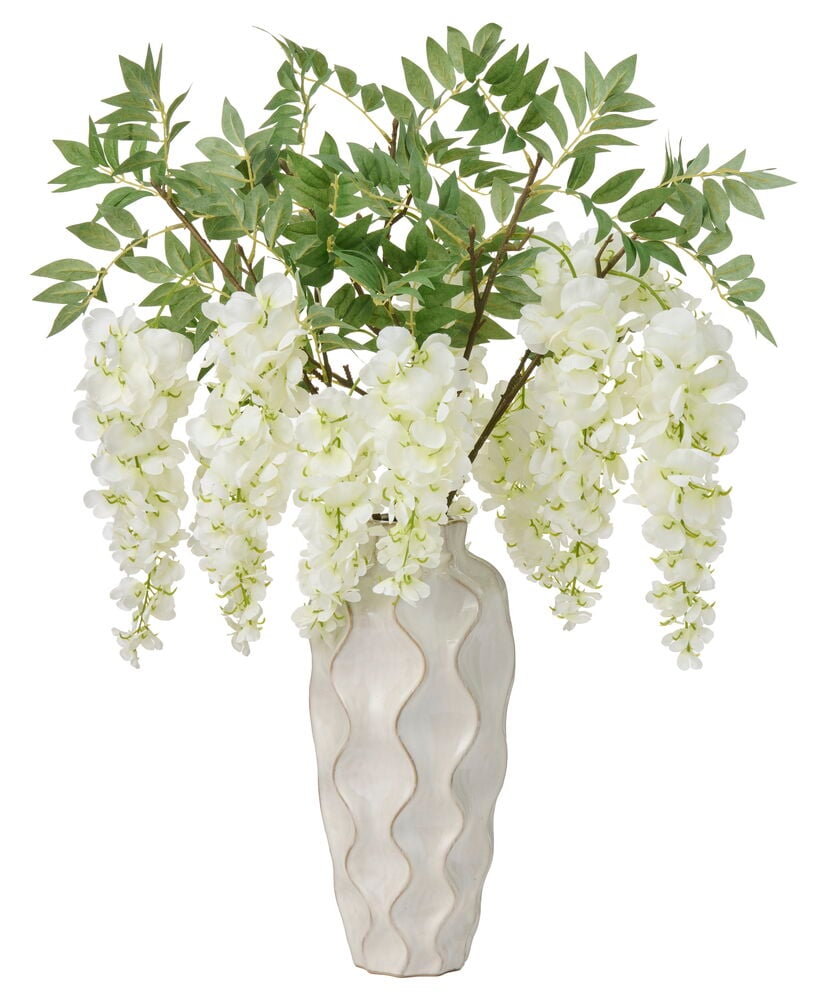 Blåregn 75 cm Vit konstgjorda blommor i en hög, texturerad, benvit keramikvas med vågiga mönster.