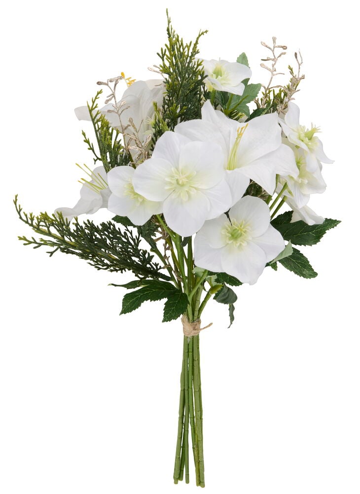 Bukett Julerose med hvite blomster, grønt bladverk og gyldne detaljer, bundet med snor.