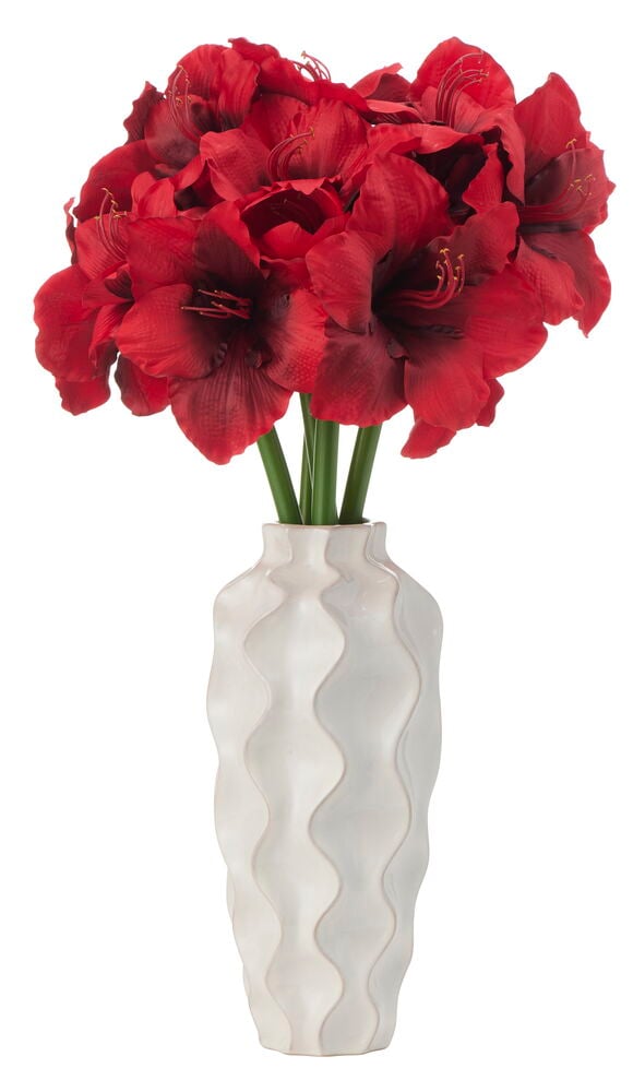 Amaryllis Luxe 68 cm Rød kunstige blomster i en hvit teksturert vase med bølgete mønstre.