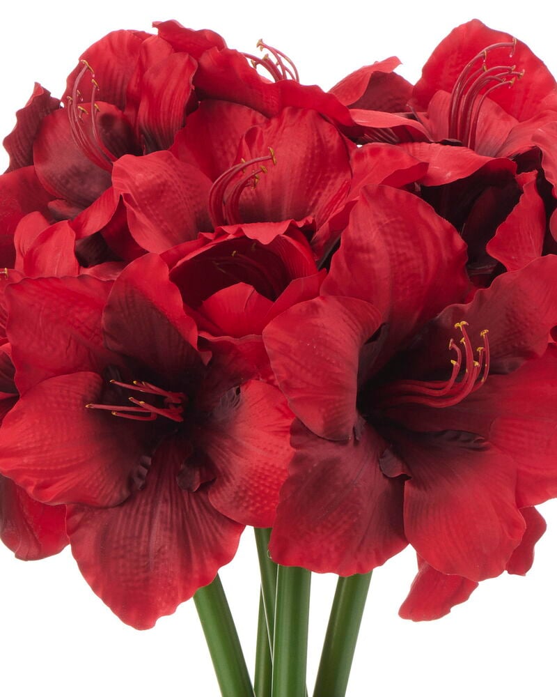 Amaryllis Luxe 68 cm Rød kunstige blomster, viser flere dype røde blomster med synlige grønne stilker.