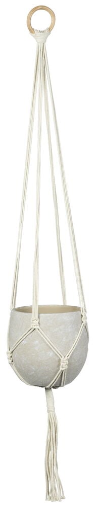 Hvit makramé planteholder med treløkke øverst.