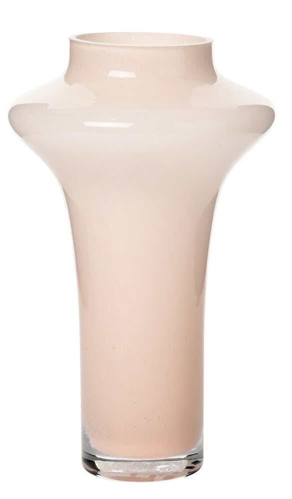 Stor rosa glassvase med dekorativt formspråk.