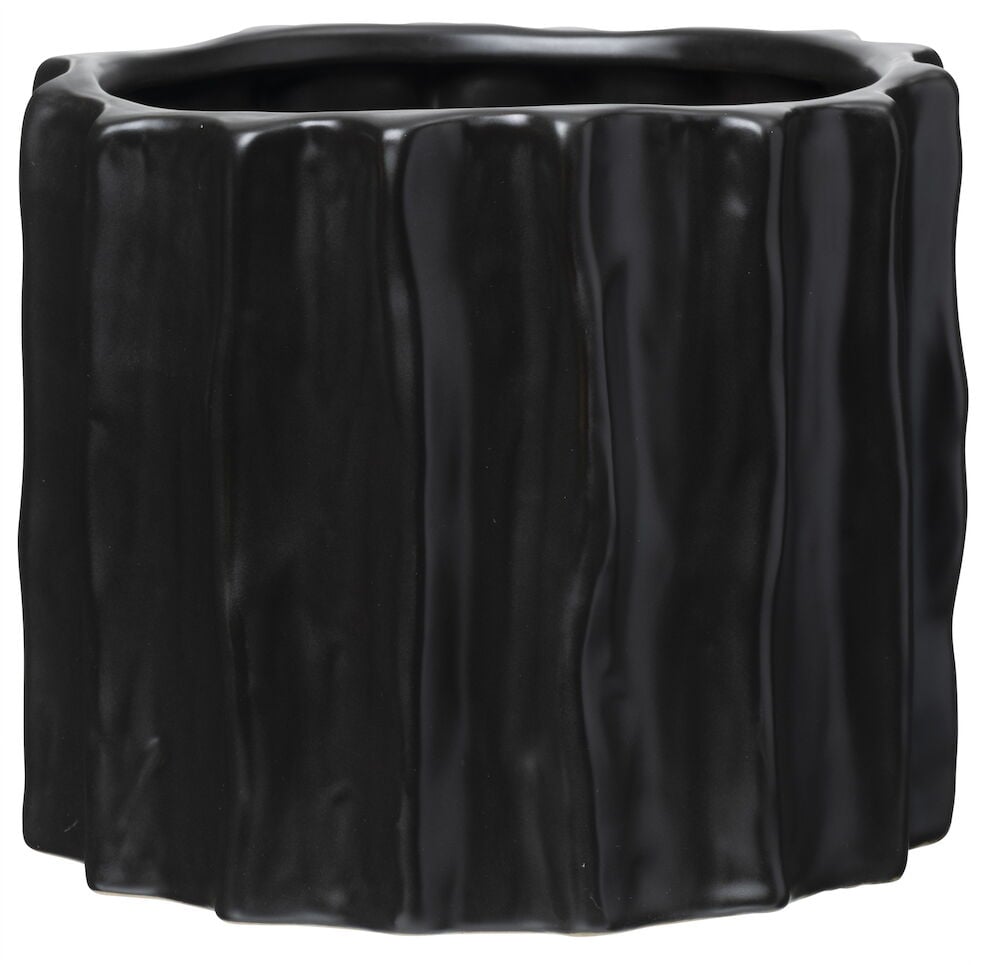 Musta ruukku, jossa aaltoileva kohokuvio ja mattapinta.