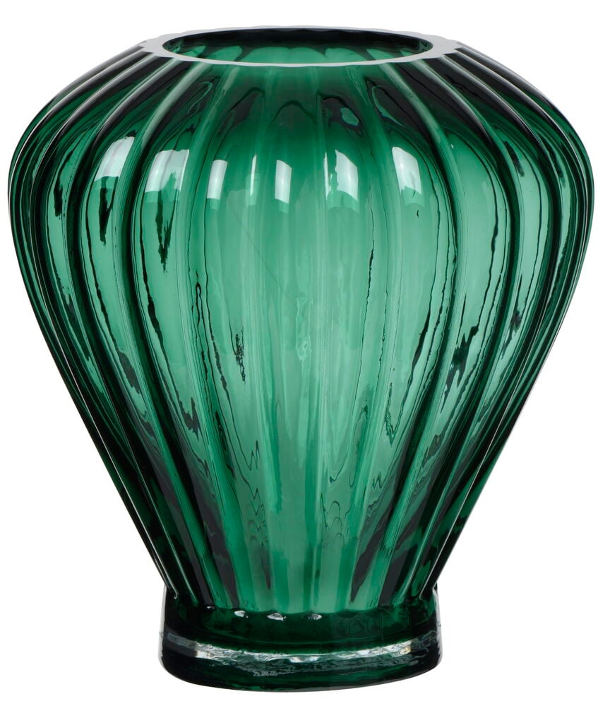 Vihreä suupuhallettu maljakko, jossa on kaareva muoto ja jalka.