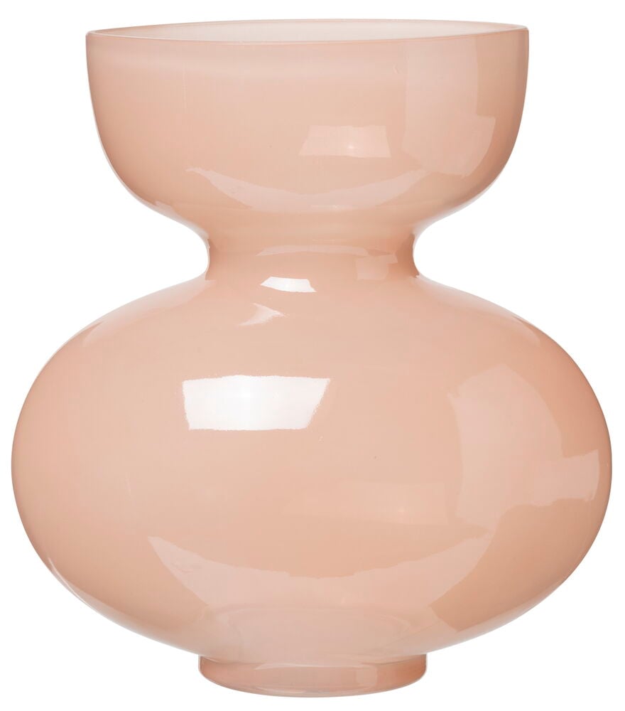Eine apricotfarbene Glasvase mit runder Form.