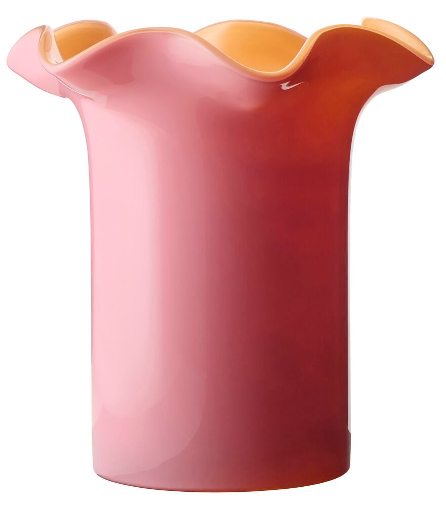 Vase Vendela 21 cm: Eine rosa-rote Ombré-Vase mit gewelltem Rand.