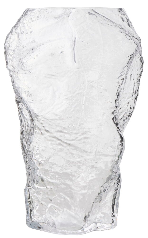 Vase Isa 27 cm, klart glass med uregelmessig, teksturert overflate og bølgete kant, forfra.