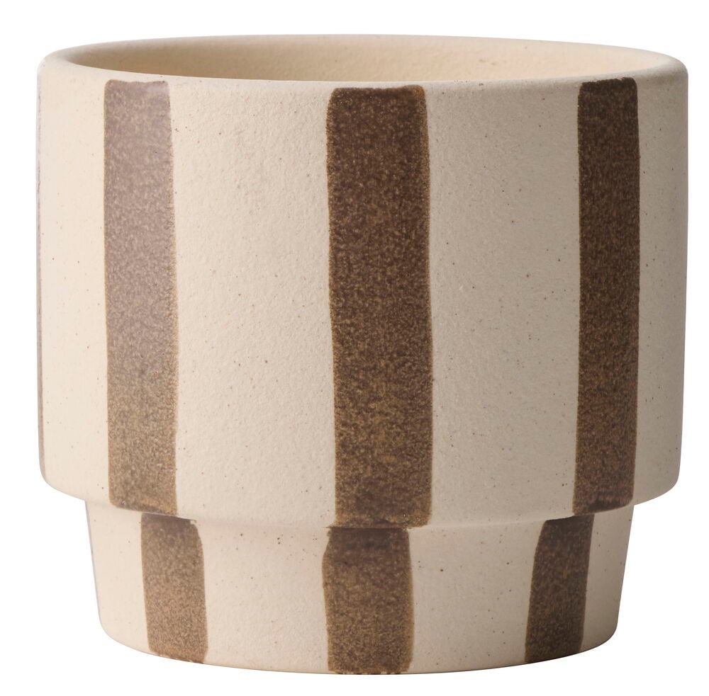 Kruka Alba 10 cm, en beige cylindrisk kruka med stegformad bas och vertikala bruna ränder.