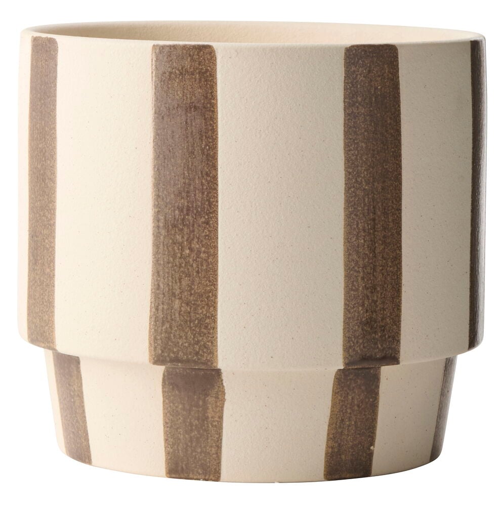 Kruka Alba 19 cm, en cylindrisk beige keramikkruka med vertikala bruna ränder och en avsatsbas.