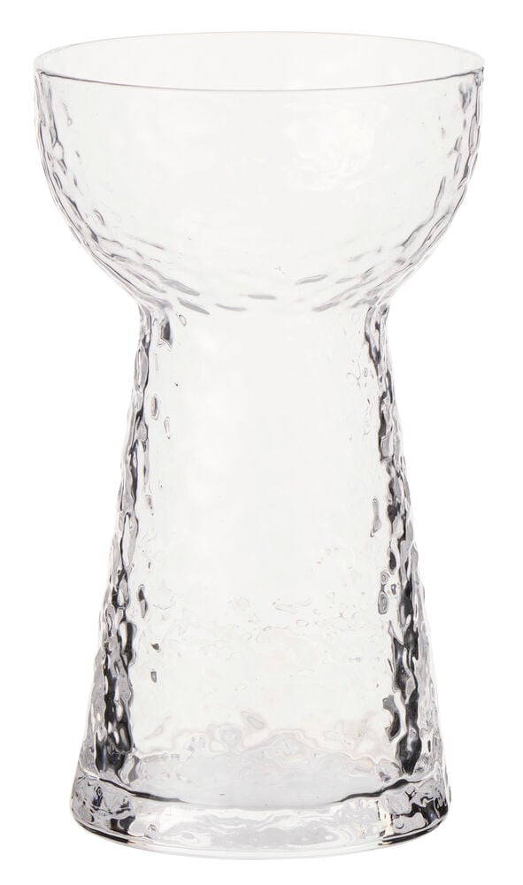 En klar, texturerad hyacintvas 14 cm i glas med bred topp och smalare mitt.