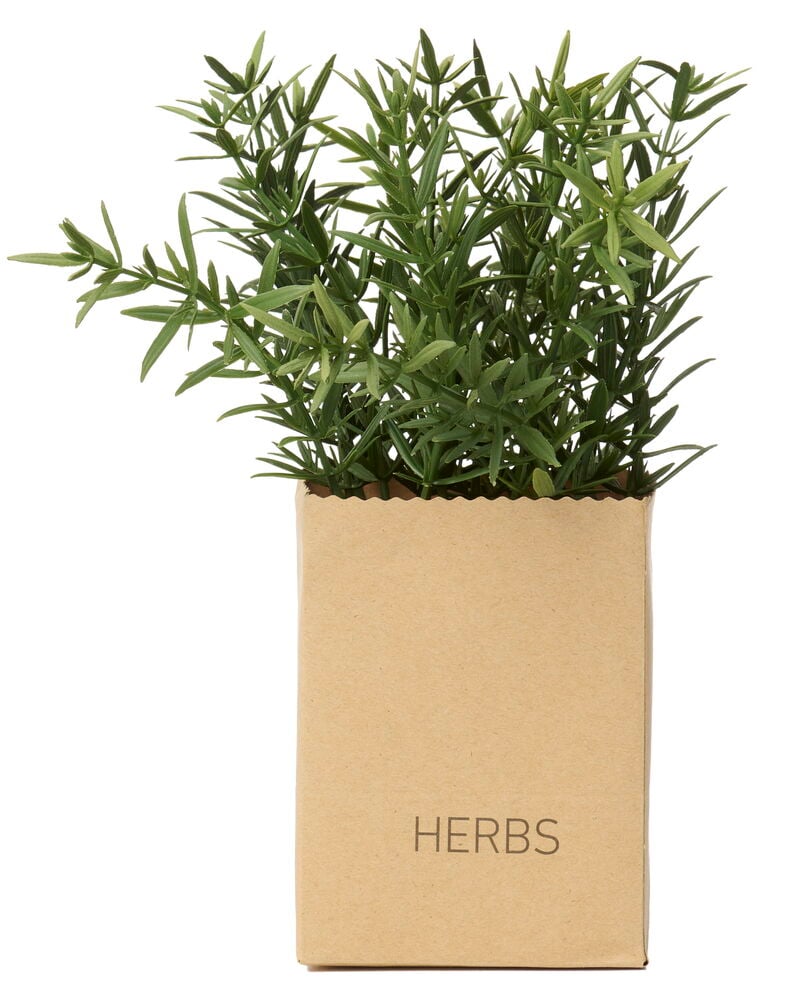 Yrtit 3 osaa vaaleanruskeassa suorakaiteen muotoisessa kraftpaperiruukussa, jossa lukee "HERBS".