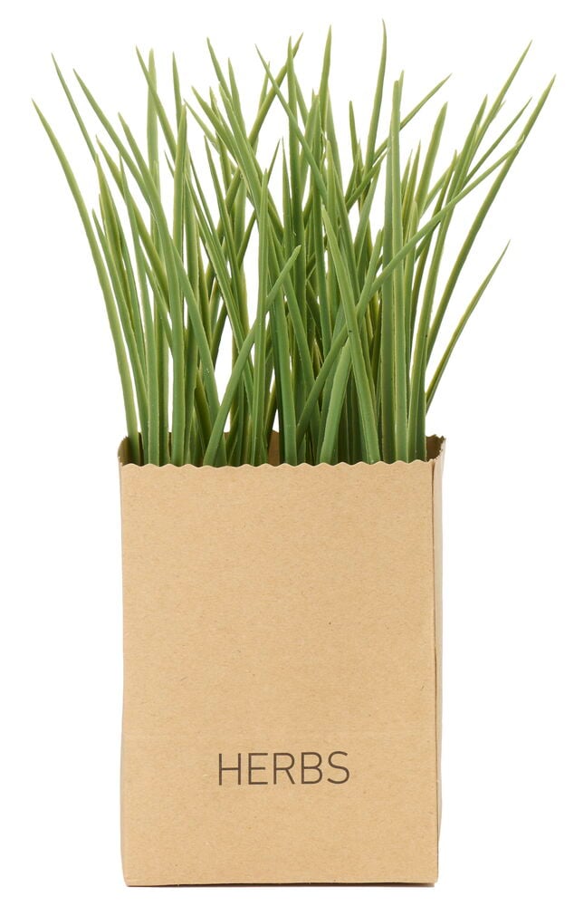 Yrtit 3 osaa ruskeassa paperinomaisessa astiassa, jossa on teksti "HERBS" painettuna etupuolelle.