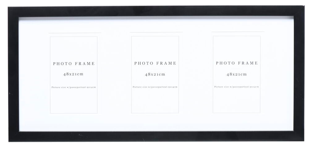 Schwarzer rechteckiger Rahmen mit Platz für drei Fotos.