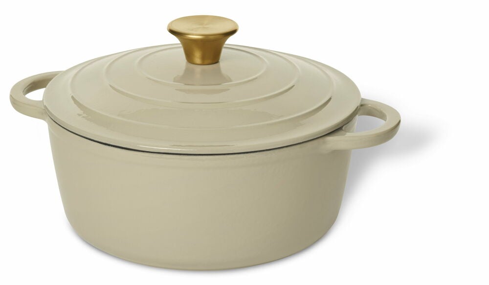 Beige emaljert støpejernsgryte med lokk og håndtak.