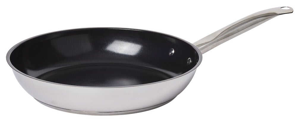 Stekepanne av rustfritt stål med keramisk belegg.