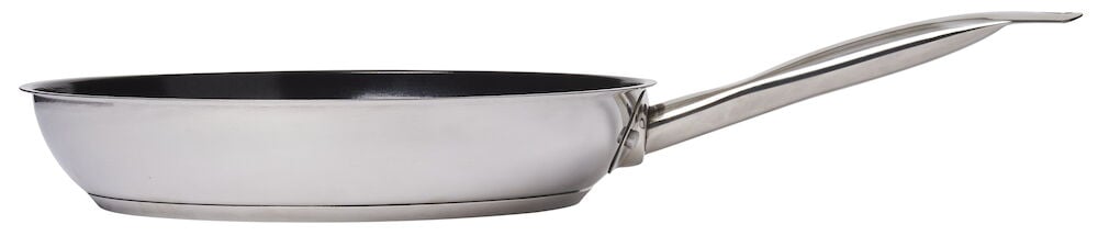 Stekpanna i rostfritt stål med långt handtag.