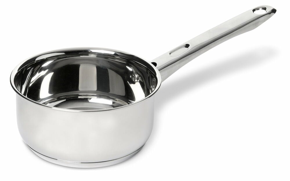 Kasserolle i rustfritt stål med langt håndtak.